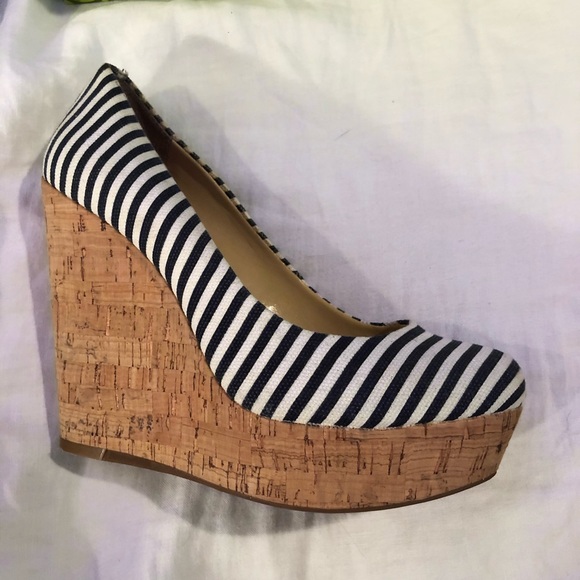 Gianna Bini Platform Cork Wedges Navy White Stripe - Picture 3 of 6